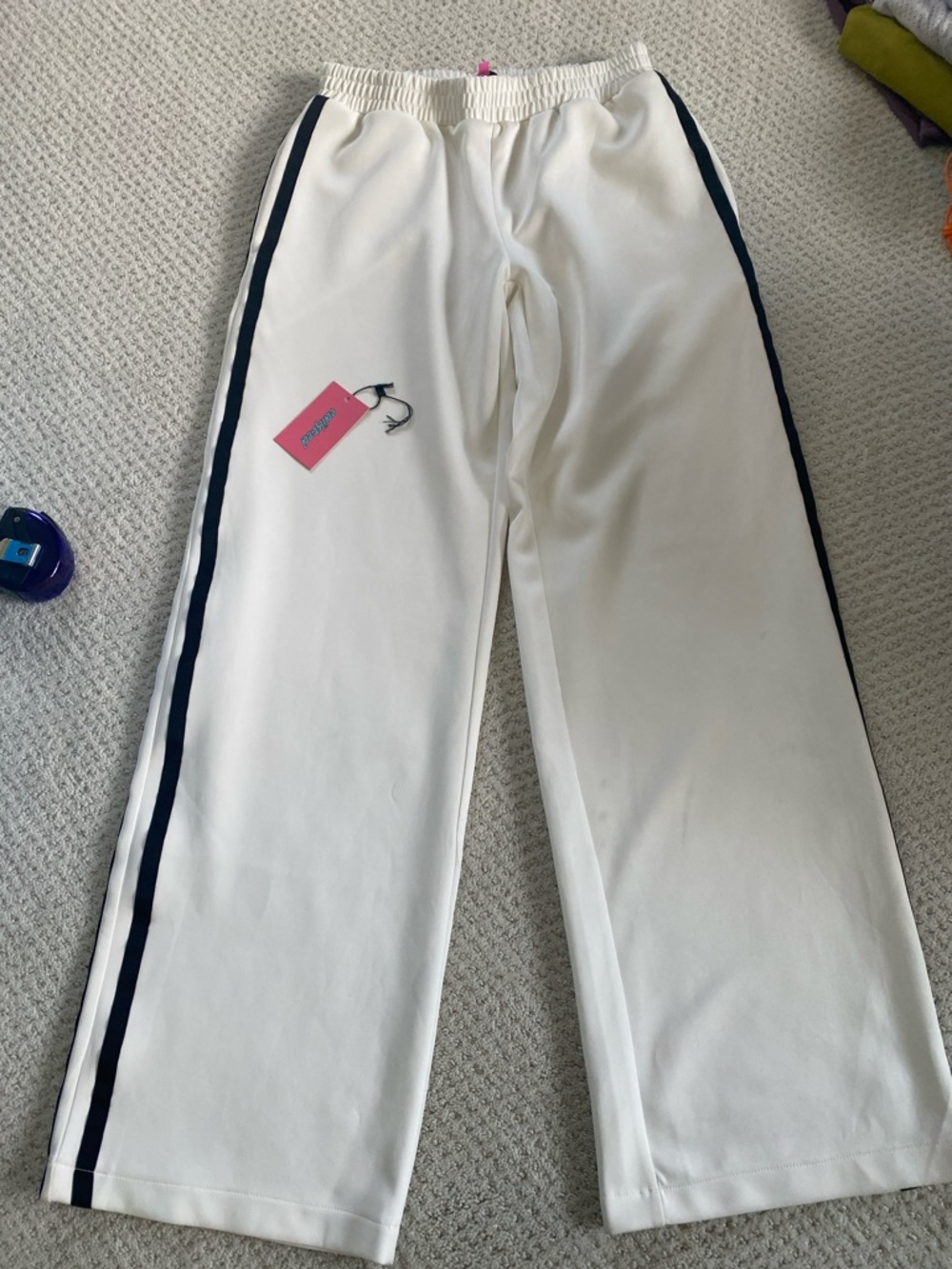 Edikted White Track Pants with black Side Stripe, size small